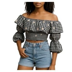 Zara Gingham Daisy Print Puff Sleeve Crop Off the Shoulder Top Size S NWT